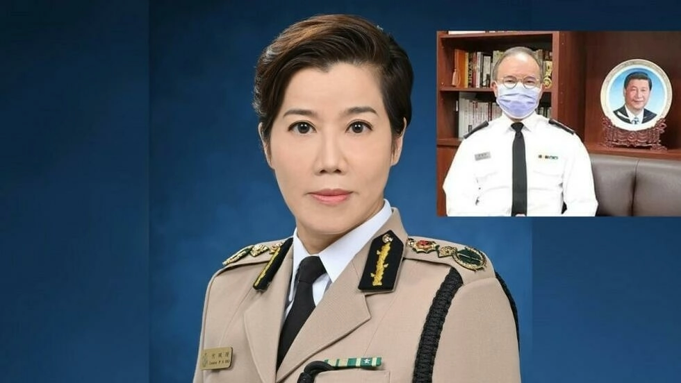 何佩珊創逾百年歷史，成為首位女關長，小圖為其局長丈夫曾國衛，但曾最教人矚目的是他受訪時身反的習近平肖像。